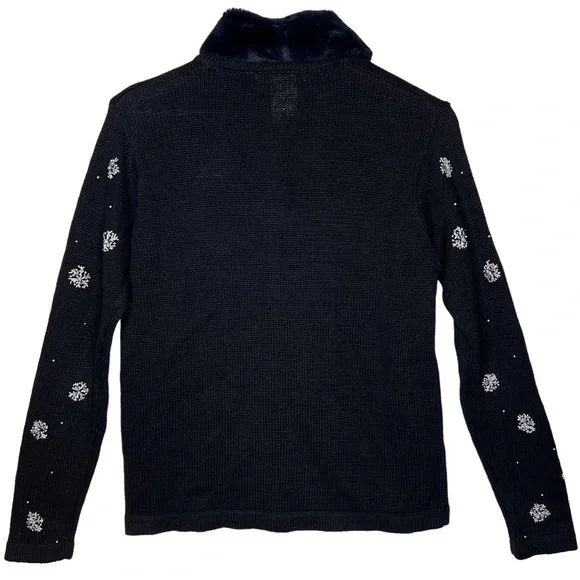Victoria Jones Embellished Poinsettia Snow Flake Cardigan Removable Fur Collar M - Picture 2 of 14